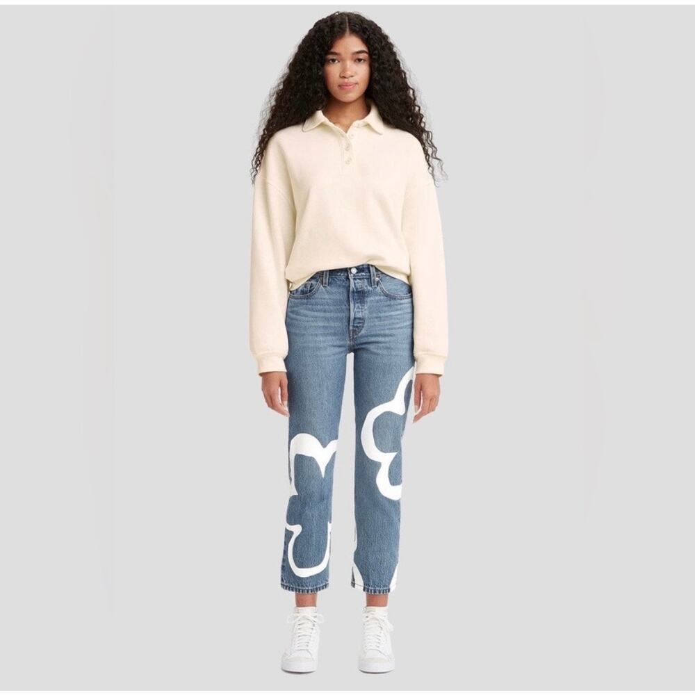 NEW Levi's 501 Crop Paint by Number Flower Wavy Lined Straight Jeans 28 x 26”